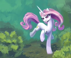 Size: 1600x1300 | Tagged: safe, artist:kp-shadowsquirrel, character:fleur-de-lis, species:pony, species:unicorn, bust, determined, dreamworks face, female, forest, green background, nature, painting, portrait, running, shrub, simple background, solo, tree, wallpaper