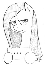 Size: 1030x1500 | Tagged: source needed, safe, artist:dj-black-n-white, character:pinkamena diane pie, character:pinkie pie, ..., annoyed, female, grumpy, monochrome, pencil drawing, sign, sketch, solo, traditional art