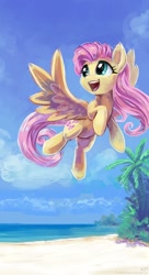 Size: 950x1750 | Tagged: safe, artist:kp-shadowsquirrel, character:fluttershy, species:pegasus, species:pony, beach, cute, female, flying, ocean, palm tree, shyabetes, solo, tree