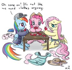 Size: 1091x1071 | Tagged: safe, artist:king-kakapo, character:fluttershy, character:pinkie pie, character:rainbow dash, clothing, dress, frilly underwear, hat, panties, poker, ribbon, socks, strip poker, striped underwear, table, underwear, we don't normally wear clothes