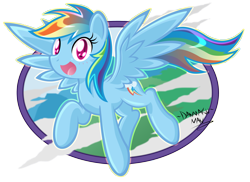 Size: 2835x2067 | Tagged: safe, artist:danmakuman, character:rainbow dash, species:pegasus, species:pony, g4, blushing, colored pupils, cute, dashabetes, female, mare, open mouth, open smile, signature, smiling, solo, spread wings, three quarter view, wings