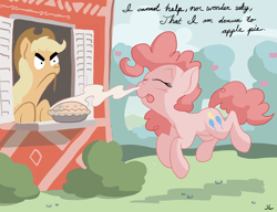 Size: 2600x2000 | Tagged: safe, artist:docwario, character:applejack, character:pinkie pie, faec, floating, food, pie, poem, window