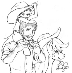 Size: 1478x1500 | Tagged: safe, artist:dj-black-n-white, character:applejack, oc, oc:anon, oc:cinnamon cider, parent:applejack, satyr, species:human, carrying, clothing, daughter, family, father, father's day, hat, husband, monochrome, mother, riding, wife
