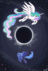 Size: 1280x1885 | Tagged: safe, artist:king-kakapo, character:princess celestia, character:princess luna, cute, eclipse, flying, happy, missing accessory, open mouth, s1 luna, smiling, solar eclipse, spread wings, wings