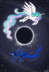 Size: 1280x1885 | Tagged: safe, artist:king-kakapo, character:princess celestia, character:princess luna, contrast, cute, eclipse, flying, happy, missing accessory, open mouth, smiling, solar eclipse, spread wings, wings