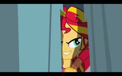 Size: 800x501 | Tagged: safe, artist:pixelkitties, edit, edited screencap, screencap, character:sunset shimmer, equestria girls:equestria girls, g4, my little pony: equestria girls, my little pony:equestria girls, axe, female, here's johnny, solo, the shining, weapon