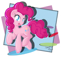 Size: 2480x2421 | Tagged: safe, artist:danmakuman, character:pinkie pie, species:earth pony, species:pony, g4, abstract background, colored eyebrows, colored pupils, cute, diapinkes, female, looking at you, mare, open mouth, signature, smiling, smiling at you, solo, three quarter view