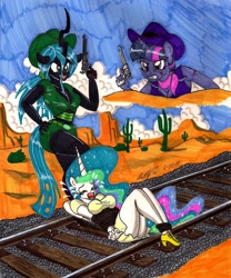 Size: 1666x2004 | Tagged: safe, artist:newyorkx3, character:princess celestia, character:queen chrysalis, character:twilight sparkle, species:anthro, species:plantigrade anthro, cleavage, clothing, cowboy hat, cowgirl, damsel in distress, desert, dress, female, gun, hat, peril, pistol, railroad, revolver, stetson, tied to tracks, tied up, traditional art, train tracks, weapon, western