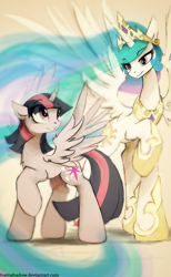 Size: 620x1009 | Tagged: safe, artist:foxinshadow, character:princess celestia, character:twilight sparkle, character:twilight sparkle (alicorn), species:alicorn, species:pony, female, mare, momlestia fuel
