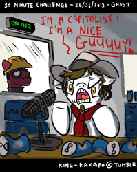 Size: 1275x1600 | Tagged: safe, artist:king-kakapo, 30 minute art challenge, :t, angry, cans, clothing, cowboy hat, d:, derp, engineer, floppy ears, frown, glare, hat, microphone, neckerchief, open mouth, ponified, team fortress 2, the man they call ghost, true capitalist radio, yelling
