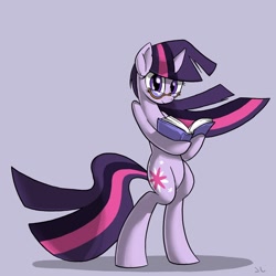 Size: 864x864 | Tagged: safe, artist:docwario, character:twilight sparkle, character:twilight sparkle (unicorn), species:pony, species:unicorn, bipedal, book, female, glasses, reading, simple background, solo, standing on two hooves