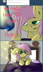 Size: 912x1540 | Tagged: safe, artist:extradan, artist:kittentoots, character:fluttershy, species:pony, bed, bed mane, comic, drunkershy, female, morning ponies, solo, tumblr