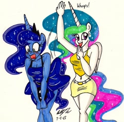 Size: 1226x1203 | Tagged: safe, artist:newyorkx3, character:princess celestia, character:princess luna, species:anthro, assisted exposure, belly button, blushing, cleavage, clothing, covering, dress, embarrassed, embarrassed underwear exposure, female, humiliation, midriff, skirt, skirt lift, traditional art