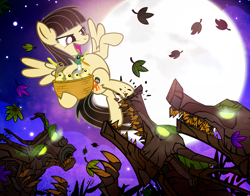 Size: 900x704 | Tagged: safe, artist:pixelkitties, character:wild fire, species:duck, species:mallard, species:pegasus, species:pony, badass, basket, duckling, female, fight, flying, full moon, kicking, leaf, leaves, male, mare, moon, night, rescue, sibsy, taunting, teasing, timber wolf