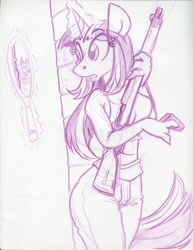 Size: 850x1100 | Tagged: safe, artist:trollie trollenberg, character:twilight sparkle, species:anthro, female, gun, lee enfield, mirror, monochrome, rifle, solo, traditional art, zombie