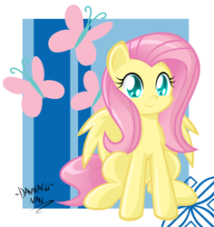 Size: 1890x1999 | Tagged: safe, artist:danmakuman, character:fluttershy, species:pegasus, species:pony, g4, abstract background, colored pupils, cute, cutie mark, cutie mark background, female, looking at you, shyabetes, signature, sitting, smiling, solo, wings