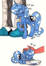 Size: 1071x1533 | Tagged: safe, artist:newyorkx3, character:princess luna, species:human, behaving like a cat, bowl, cat, clothing, cute, filly, kitty luna, kitty woona, milk, pet, pony pet, s1 luna, slippers, snuggling, traditional art, woona