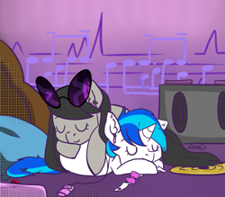 Size: 971x852 | Tagged: safe, artist:arnachy, character:dj pon-3, character:octavia melody, character:vinyl scratch, ship:scratchtavia, accessory swap, chibi, cuddling, cute, earbuds, eyes closed, female, lesbian, prone, shipping, sleeping, smiling, snuggling