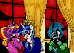 Size: 1353x969 | Tagged: safe, artist:newyorkx3, character:princess cadance, character:queen chrysalis, character:shining armor, species:anthro, biting, clothing, crown, crying, dress, grin, gritted teeth, looking at you, prom, sad, smiling, suit, traditional art