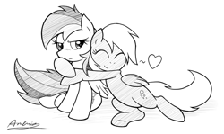 Size: 800x478 | Tagged: safe, artist:ambris, character:derpy hooves, character:rainbow dash, species:pegasus, species:pony, duo, eyes closed, female, heart, hug, mare, monochrome