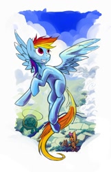 Size: 792x1224 | Tagged: safe, artist:hobbes-maxwell, character:rainbow dash, character:scootaloo, character:tank, species:pegasus, species:pony, flying, vertigo