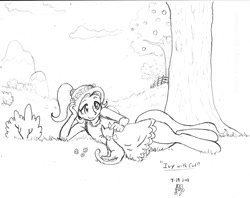 Size: 1500x1185 | Tagged: safe, artist:dj-black-n-white, oc, oc only, oc:ivy, parent:fluttershy, satyr, cat, cloud, cloudy, flower, grass, monochrome, mountain, offspring, solo, tree