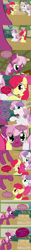 Size: 660x5278 | Tagged: safe, artist:frist44, character:apple bloom, character:cheerilee, character:scootaloo, character:sweetie belle, species:pegasus, species:pony, blocks, cheerilee-s-chalkboard, comic, cutie mark crusaders, descriptive noise, dialogue, fluffy, hiding, jenga, lying down, meme, scootacurse, sigh, speech bubble