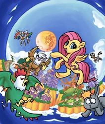 Size: 3555x4200 | Tagged: safe, artist:docwario, character:fluttershy, character:gilda, character:princess celestia, character:trixie, character:zecora, species:cockatrice, species:griffon, species:rabbit, species:zebra, box art, building, castle, game cover, hack, mario, moon, nintendo, parody, robot, style emulation, super fluttershy land 2, super mario bros., super mario land, super mario land 2: the six golden coins, video game, village