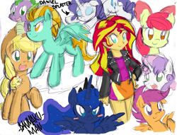 Size: 1670x1275 | Tagged: safe, artist:danmakuman, character:apple bloom, character:applejack, character:lightning dust, character:princess luna, character:rarity, character:scootaloo, character:spike, character:sunset shimmer, character:sweetie belle, species:pegasus, species:pony, my little pony:equestria girls, cutie mark crusaders, sketch dump