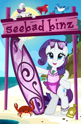 Size: 652x1000 | Tagged: safe, artist:pixelkitties, character:opalescence, character:rarity, species:bird, species:crab, species:pony, species:unicorn, beach, bipedal, blue jay, clothing, female, frilled swimsuit, germany, mare, one-piece swimsuit, pixelkitties' brilliant autograph media artwork, purple swimsuit, sunglasses, surfboard, swimsuit, tricolor swimsuit