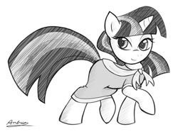 Size: 600x453 | Tagged: safe, artist:ambris, character:twilight sparkle, character:twilight sparkle (unicorn), species:pony, species:unicorn, clothing, dress, female, mare, monochrome, pencil drawing, smiling, solo