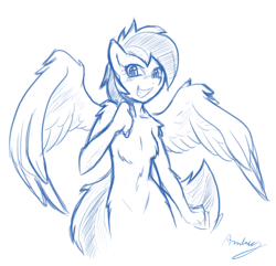 Size: 900x869 | Tagged: safe, artist:ambris, character:rainbow dash, species:anthro, belly button, belly fluff, breasts, chest fluff, delicious flat chest, featureless breasts, female, fluffy, fuzzy breasts, monochrome, nudity, rainbow flat, simple background, small breasts, solo, white background