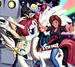 Size: 960x864 | Tagged: safe, artist:frist44, oc, oc:fausticorn, species:human, batgirl, birthday, crossover, happy birthday, happy birthday lauren faust, lauren faust, milky way and the galaxy girls, ponified, riding, roller skates, super best friends forever, supergirl, the iron giant, wonder girl