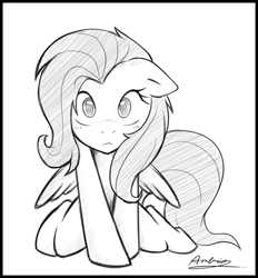 Size: 470x506 | Tagged: safe, artist:ambris, character:fluttershy, species:pegasus, species:pony, blushing, female, floppy ears, full face view, grayscale, looking at you, mare, monochrome, simple background, solo, white background