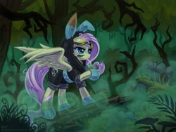 Size: 1920x1440 | Tagged: safe, artist:kp-shadowsquirrel, character:fluttershy, species:pegasus, species:pony, badass, badass adorable, bandaid, bunny ears, clothing, cute, dangerous mission outfit, drinking, everfree forest, eyepatch, female, flutterbadass, flutterspy, goggles, hoodie, injured, juice box, mare, shyabetes, skull, solo, unkempt mane