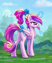 Size: 1250x1500 | Tagged: safe, artist:kp-shadowsquirrel, character:princess cadance, species:alicorn, species:pony, alternate hairstyle, bow, candy, chest fluff, female, food, licking, lollipop, lovebutt, magic, plot, ponytail, solo, tail bow, tail wrap, younger