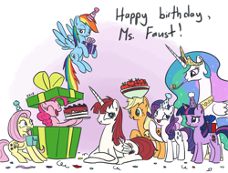 Size: 1280x974 | Tagged: safe, artist:king-kakapo, character:applejack, character:fluttershy, character:pinkie pie, character:princess celestia, character:rainbow dash, character:rarity, character:twilight sparkle, oc, oc:fausticorn, birthday, cake, confetti, happy birthday, happy birthday lauren faust, lauren faust, prone