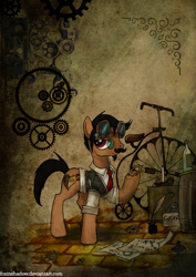 Size: 672x950 | Tagged: safe, artist:foxinshadow, oc, oc only, species:earth pony, species:pony, bicycle, bottle, candle, clothing, commission, gears, goggles, ink, male, paper, penny-farthing, quill, solo, stallion, steampunk