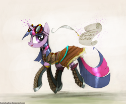 Size: 1150x946 | Tagged: safe, artist:foxinshadow, character:twilight sparkle, clothing, dress, female, goggles, magic, quill, solo, steampunk
