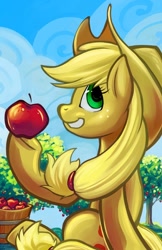 Size: 612x946 | Tagged: safe, artist:hobbes-maxwell, character:applejack, apple, female, obligatory apple, sitting, solo, tree