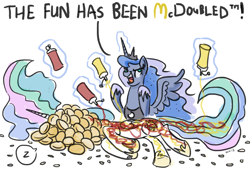 Size: 1216x842 | Tagged: safe, artist:king-kakapo, character:princess celestia, character:princess luna, species:alicorn, species:pony, buns, female, glowing horn, hoof shoes, horn, ketchup, magic, mare, mcdonald's, mustard, onomatopoeia, prank, sleeping, sound effects, speech, telekinesis, the fun has been doubled, this will end in tears and/or a journey to the moon, this will end in weight gain, wat, zzz