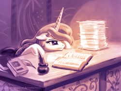 Size: 1000x750 | Tagged: safe, artist:kp-shadowsquirrel, character:princess celestia, species:pony, female, mare, monochrome, paperwork, solo, tired