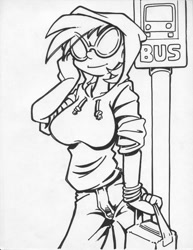 Size: 850x1100 | Tagged: safe, artist:trollie trollenberg, character:dj pon-3, character:vinyl scratch, breasts, bus stop, busty vinyl scratch, clothing, female, hoodie, humanized, monochrome, solo