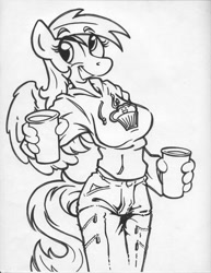Size: 850x1100 | Tagged: safe, artist:trollie trollenberg, character:derpy hooves, species:anthro, female, monochrome, muffin, solo