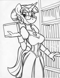 Size: 786x1017 | Tagged: safe, artist:trollie trollenberg, character:twilight sparkle, species:anthro, book, clothing, curvy, dress, female, glasses, library, monochrome, solo