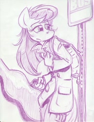 Size: 850x1100 | Tagged: safe, artist:trollie trollenberg, character:octavia melody, species:anthro, species:earth pony, species:pony, bus stop, cello, cello case, female, monochrome, musical instrument, solo