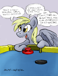 Size: 850x1100 | Tagged: safe, artist:trollie trollenberg, character:derpy hooves, species:pegasus, species:pony, g4, air hockey, colored, dialogue, female, implied rainbow dash, mare, solo, text