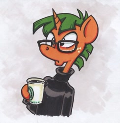 Size: 464x475 | Tagged: safe, artist:trollie trollenberg, character:snails, species:anthro, coffee, coffee cup, cup, glasses, hipster, male, solo, traditional art