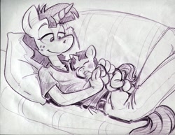 Size: 1100x850 | Tagged: safe, artist:trollie trollenberg, character:snails, parent:snails, species:anthro, couch, father and daughter, monochrome, offspring, on back, traditional art