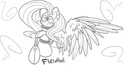 Size: 1280x664 | Tagged: safe, artist:extradan, character:fluttershy, female, flutterbot, monochrome, robot, solo